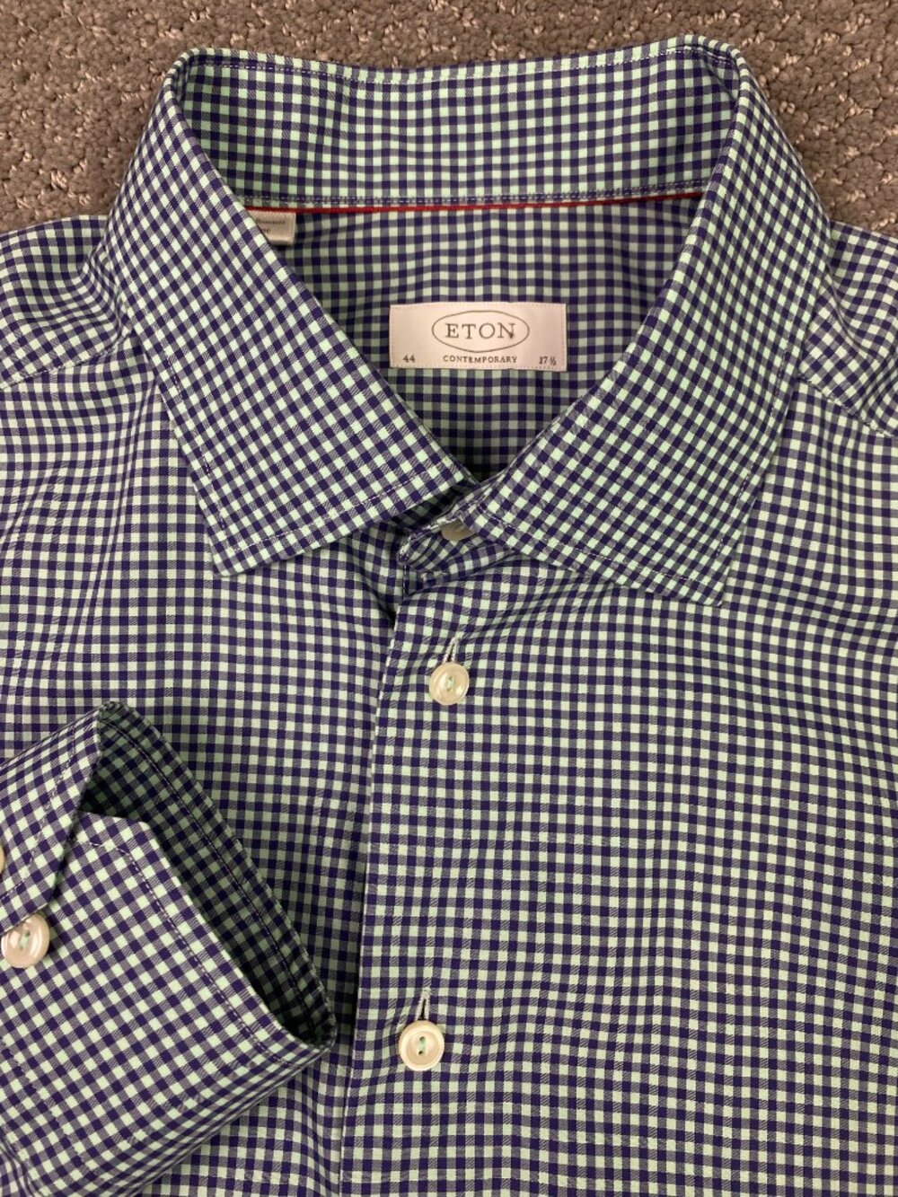 Eton Contemporary Shirt Mens 44  17.5 Navy Blue Mint Green Gingham Dress